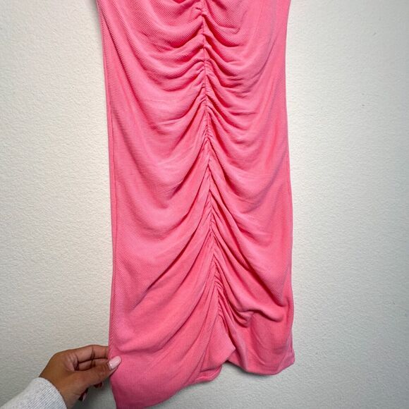 L Space Lani Pink Guava Ruched Mini Short Sleeve Stretch Dress Medium - Picture 6 of 9